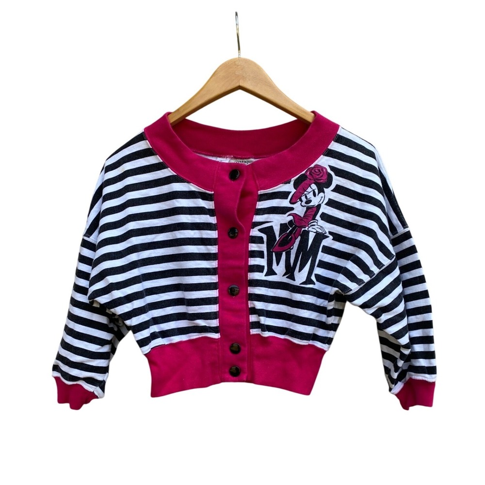 Vintage 1980s Disney Mickey Cardigan Sweatshirt Minnie Mouse Striped Small Pink